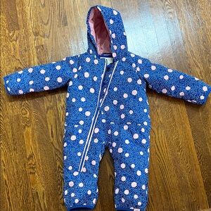 Roxy Rose snowsuit bunting. Blue and Pink Polka Dot Kids Footie